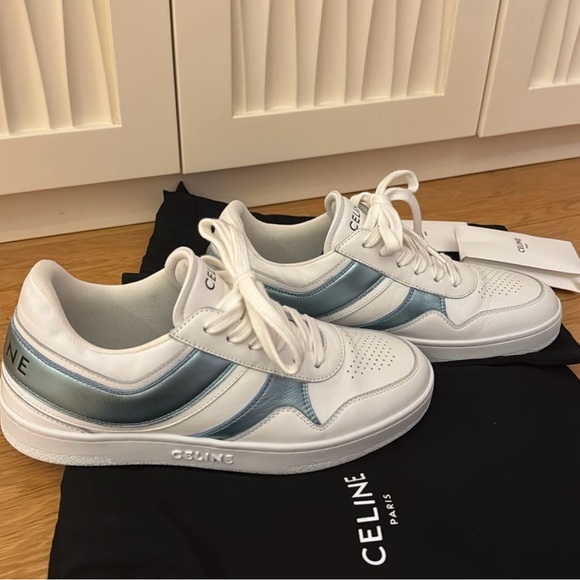 Celine White Sneakers with Metallic Blue Stripes - Picture 1 of 6